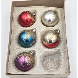 Vintage 90's Glass 2.5" Christmas Ornaments Lot of 5 Multicolor w/Gold Glitter